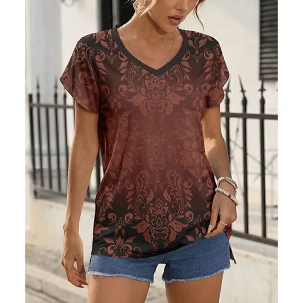 Brown & Black Abstract Short-Sleeve V-Neck Top